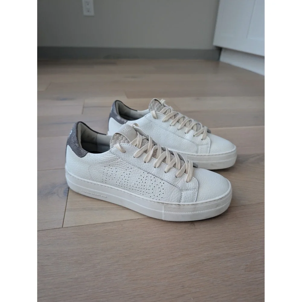 P448 John White Leather Sneakers Gray Suede Low Top US 9/EU 40